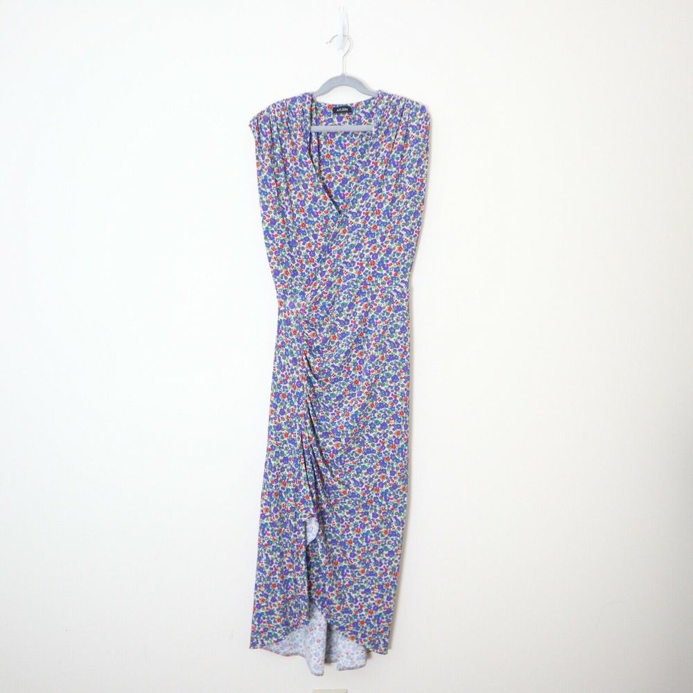 Atlein Size 34 US 2 Floral Print Jersey Dress Midi Ruched Slit Leg V Neck